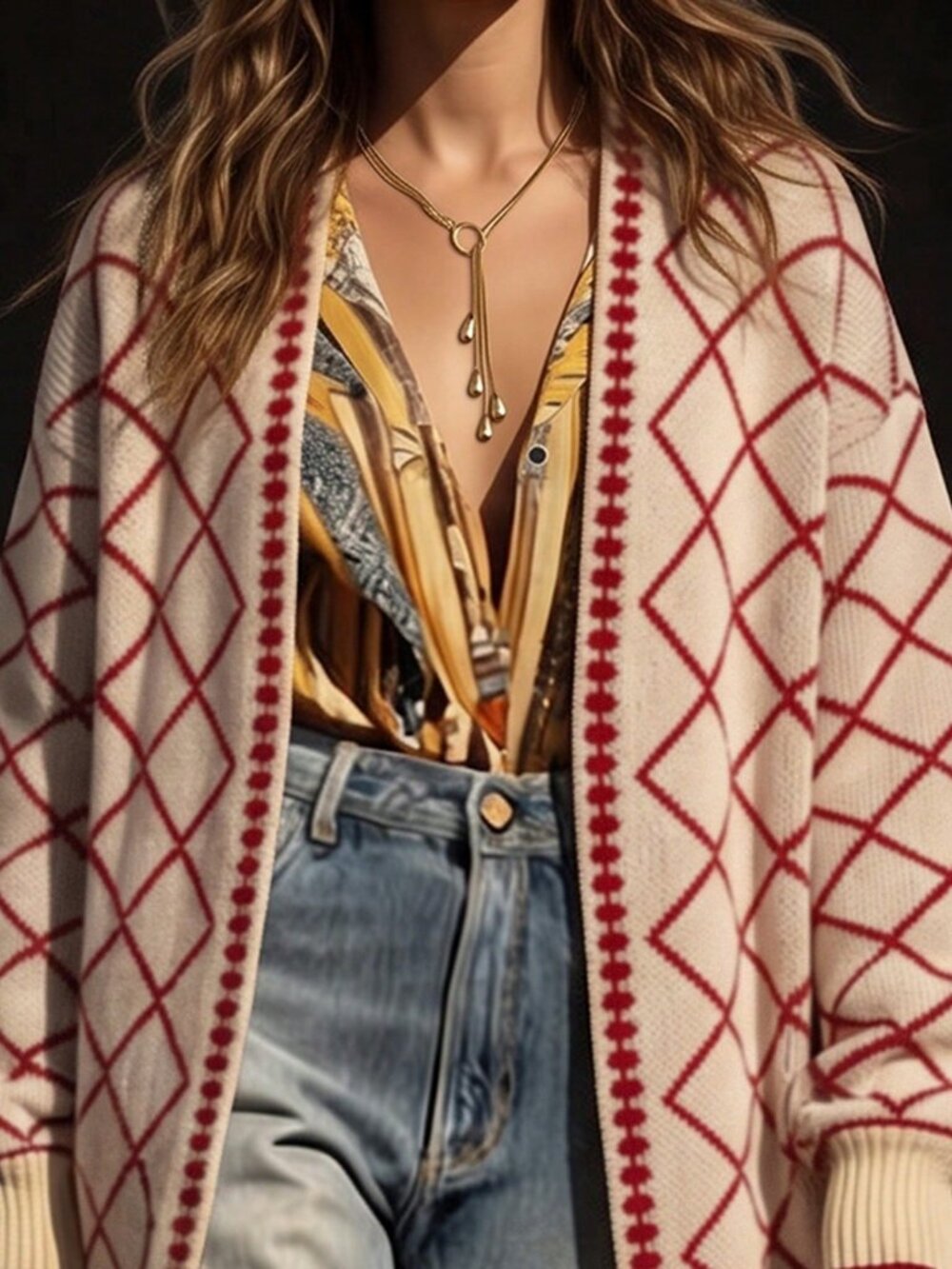 Multicolor Casual Women's Diamond Check Jacquard V-Neck Ribbed Cuffs Cardigan - Picture 3 of 6